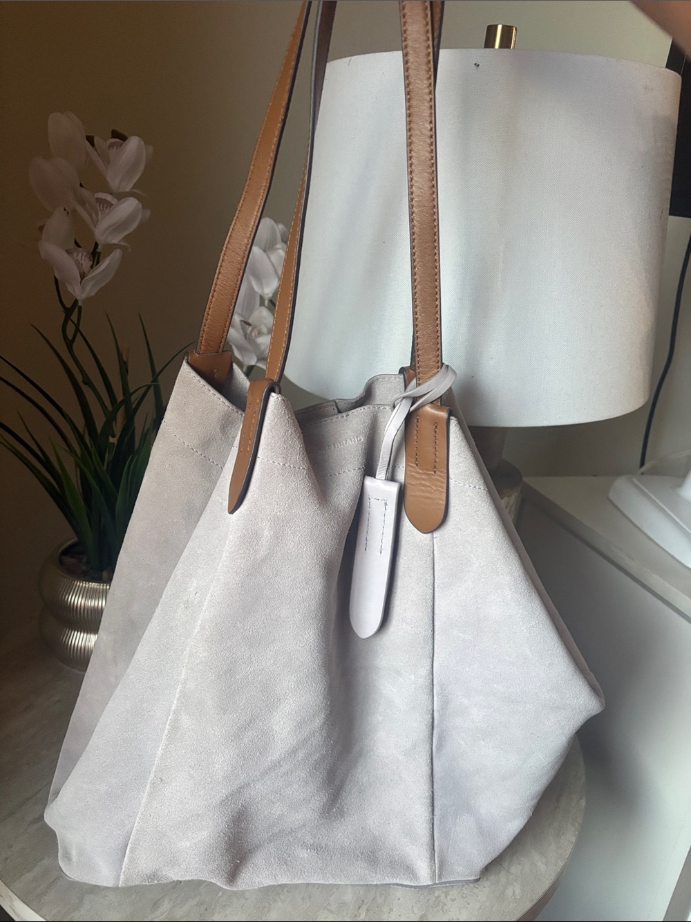 Lucky Brand gray Suede Tote with Brown Leather Handles